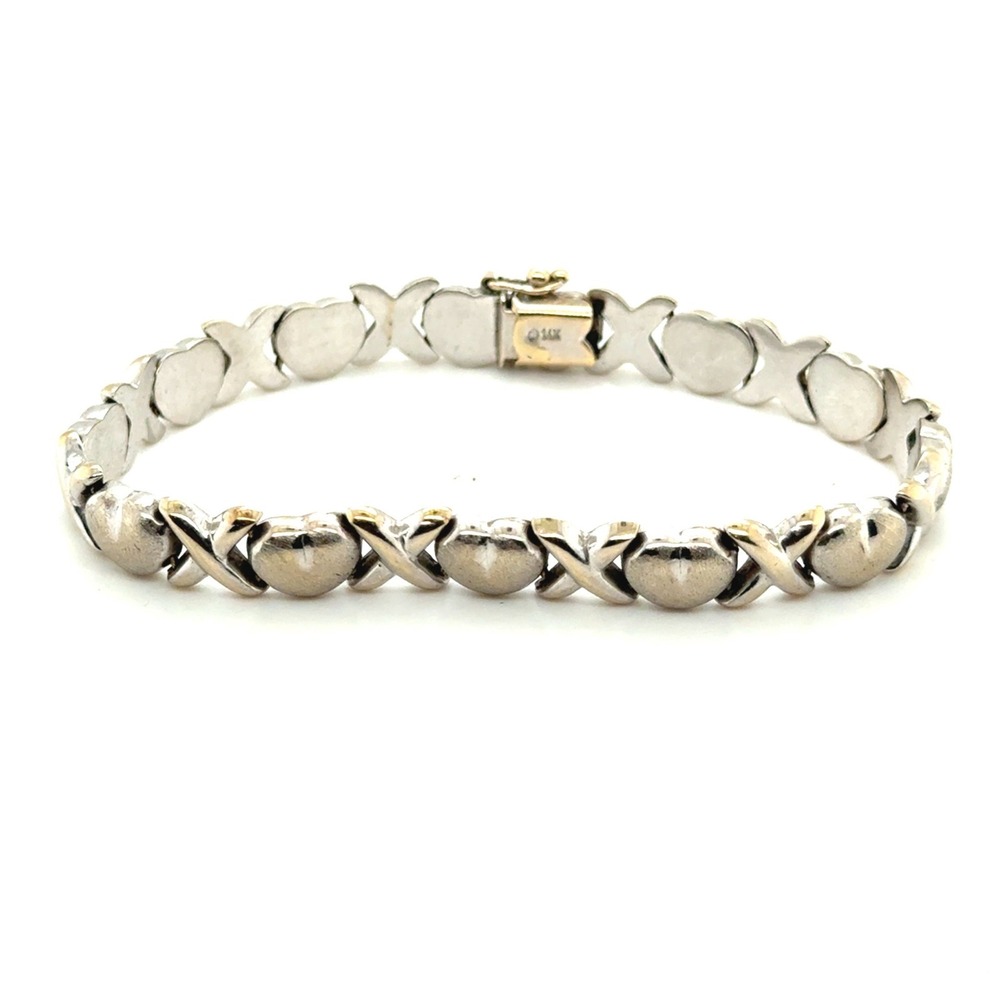 Vintage 14k White Gold Hugs and Kisses Heart X Link Bracelet‎ 7.25 Inch 10.3g